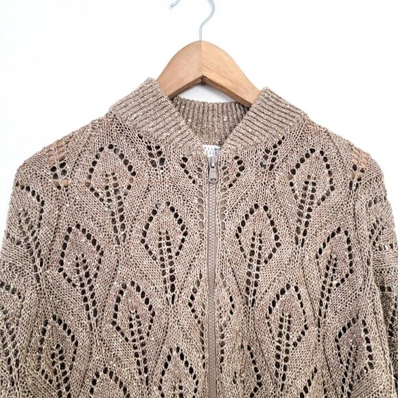 Brunello Cuccinelli Pailette Crochet Lace Bomber Cardigan in Tobacco Tan Large - Picture 5 of 12